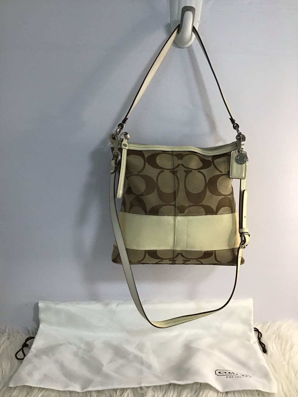 COACH Signature Stripe Ivory Canvas Leather Handbag Dustbag